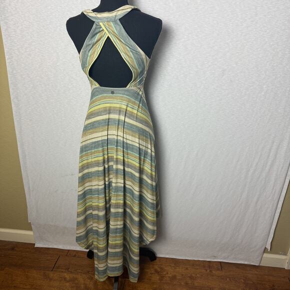 prAna Striped Halter Maxi Dress Open Back Crossback Boho Summer Style S - Picture 2 of 5